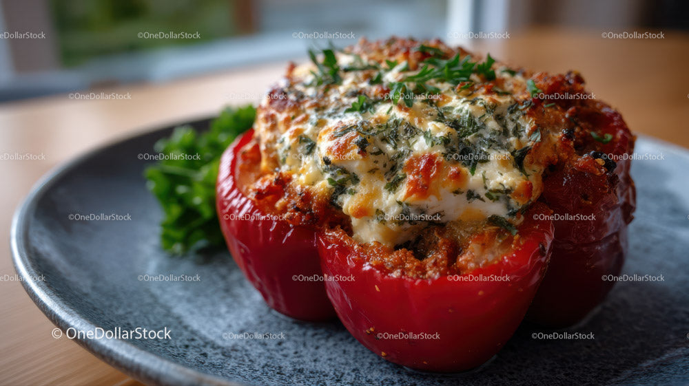Baked Red Bell Pepper Filled with Cheesy Herb Mixture for Healthy Meal