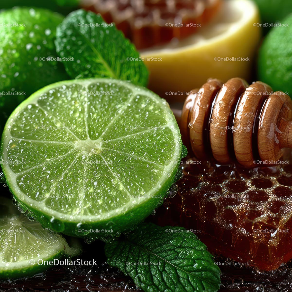 Fresh Limes, Mint Leaves and Honeycomb for Delicious Recipes