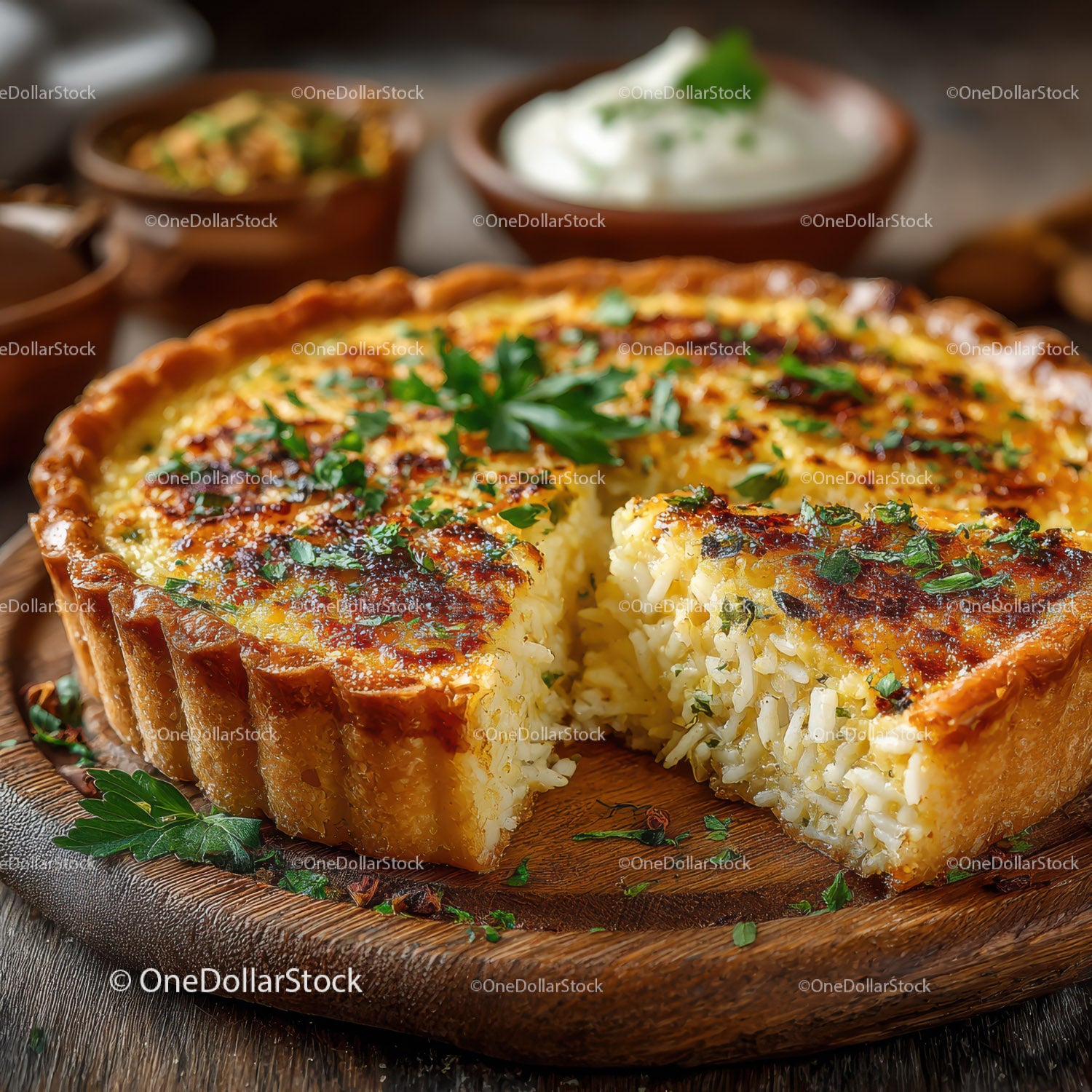Seafood Shrimp Quiche with Fresh Herbs on Rustic Wooden Table