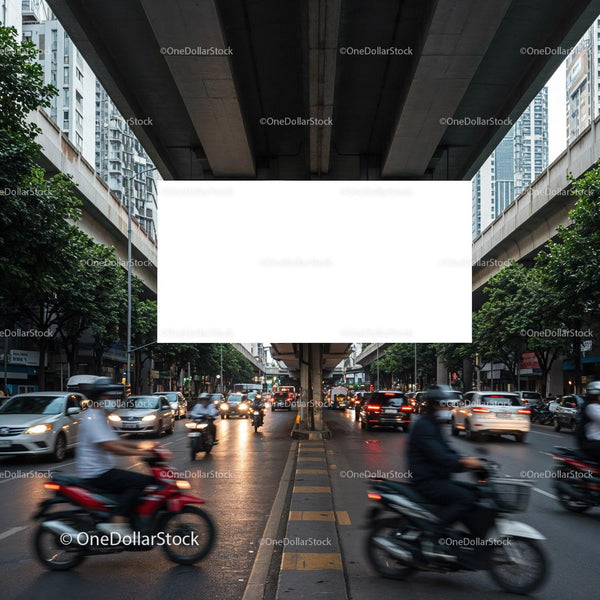 City traffic under elevated highway with blank billboard JPG Mockup Image
