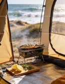 Grilled Whole Fish Cooking on Portable BBQ Near Beach