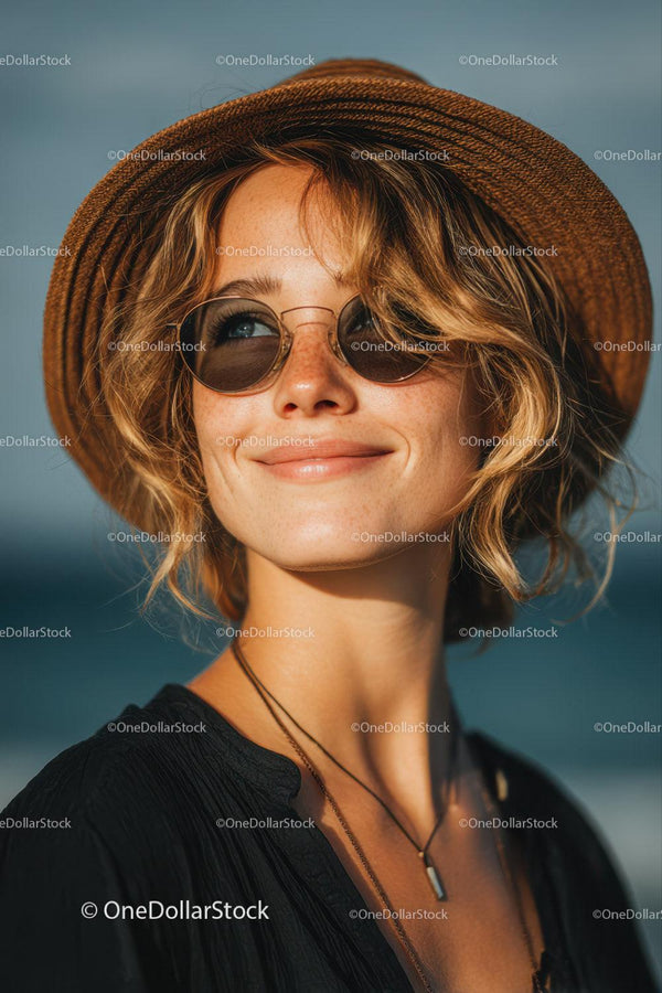 Stylish Woman Wearing Straw Hat and Sunglasses in Sunlight