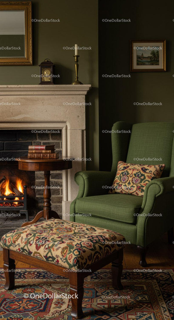 Cozy corner with armchair by burning fireplace