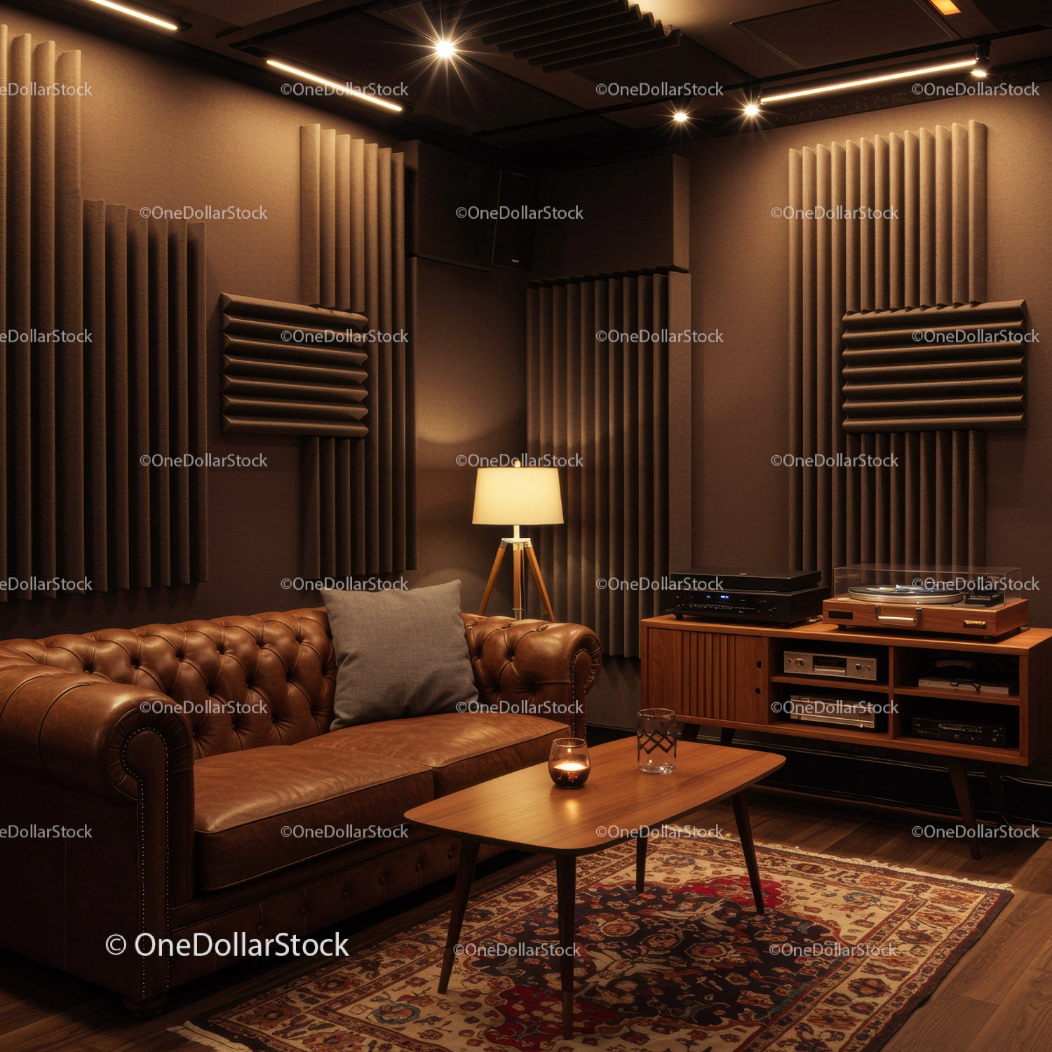 Cozy vintage lounge with leather sofa and audio setup