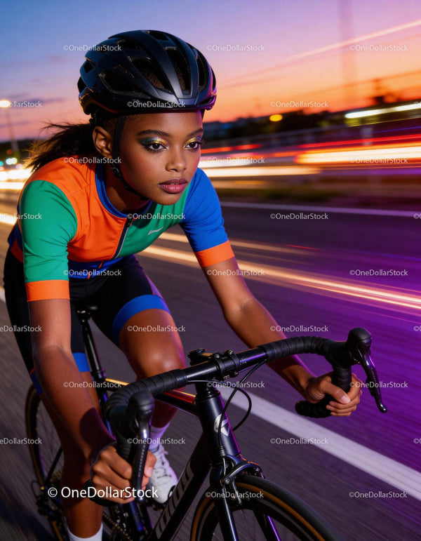 Focused cyclist riding fast at sunset on open road