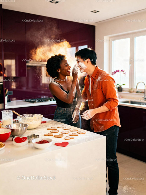 Couple playfully baking heart cookies together at home