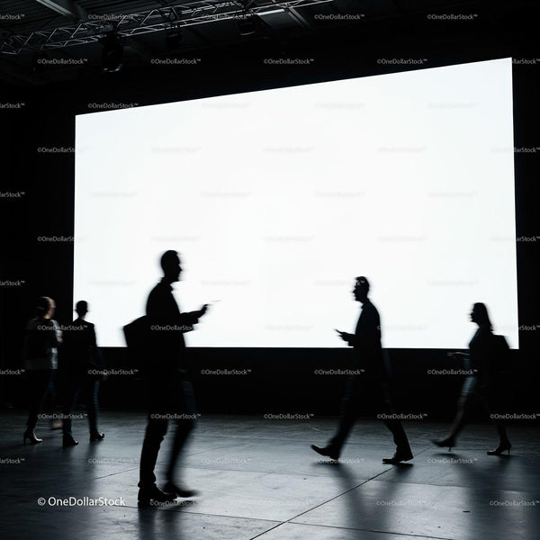 Silhouettes of Business People Walking Past Blank Screen JPG Mockup Image