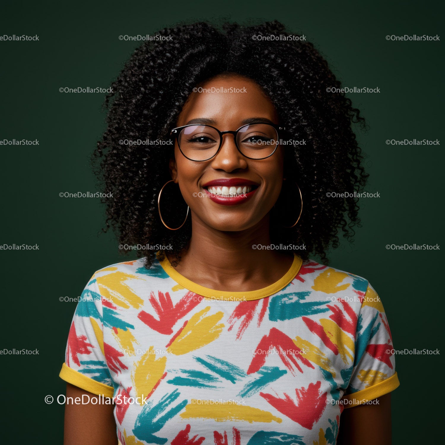 Vibrant Happy Woman with Curly Hair and Colorful T-shirt