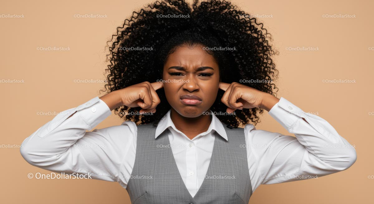 Frustrated Woman Covering Ears with Annoyed Expression