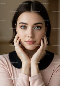 Close-Up Portrait of Young Woman with Blue Eyes and Brown Hair