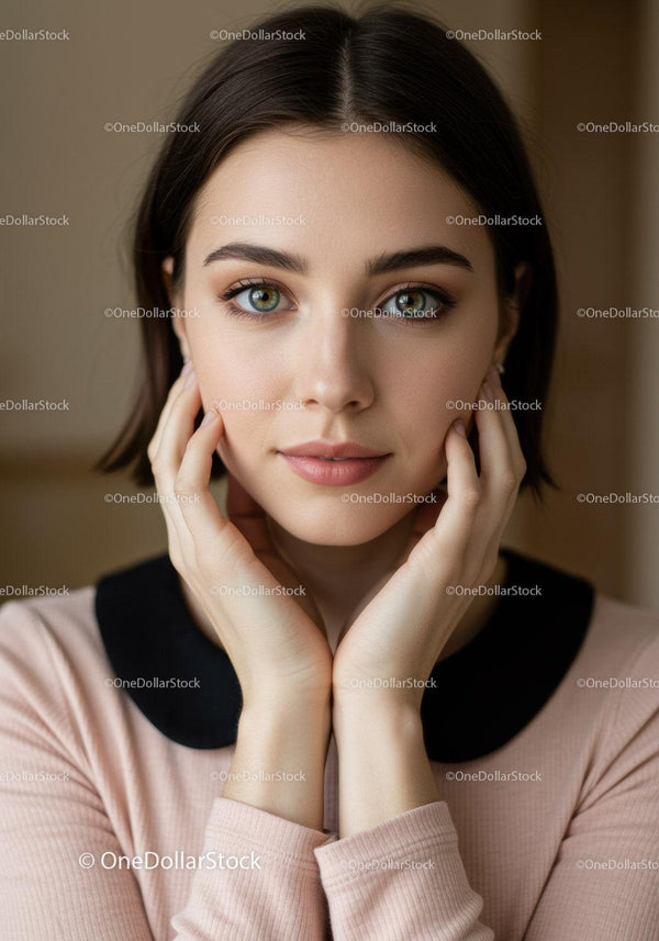 Close-Up Portrait of Young Woman with Blue Eyes and Brown Hair