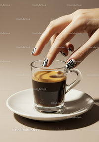 Woman's Hand Reaching for Espresso with Artistic Nails