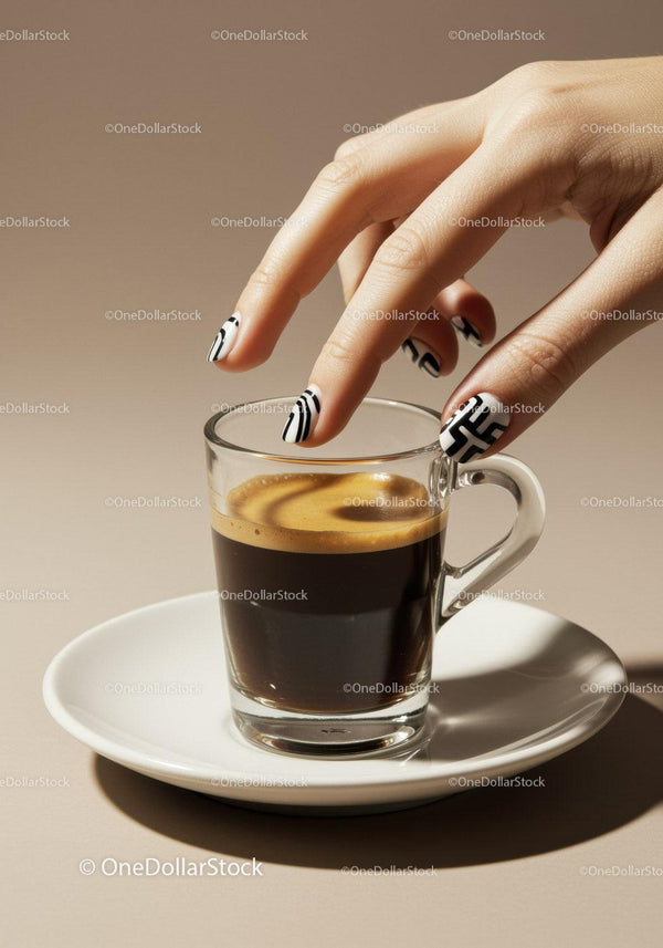 Woman's Hand Reaching for Espresso with Artistic Nails
