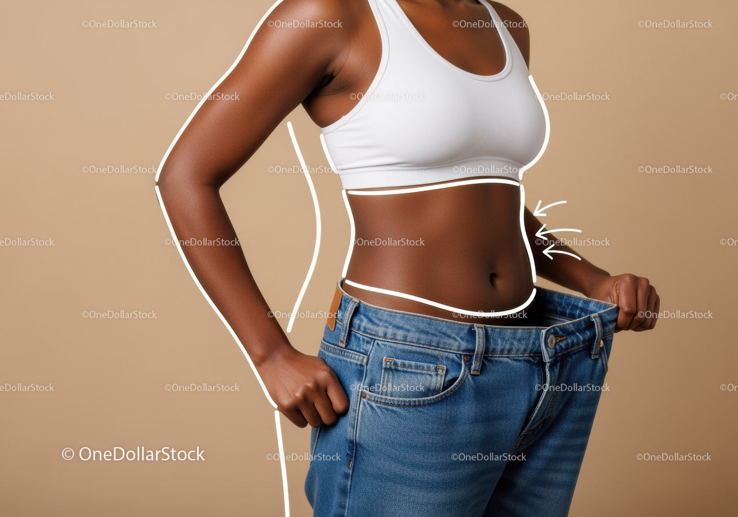 Woman in White Sports Bra and Oversized Jeans Showing Waist Measurement
