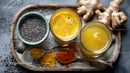 Fresh Ginger and Turmeric Roots with Chia Seeds and Herbal Drinks