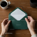 Person opening green envelope with two coffee mugs nearby
