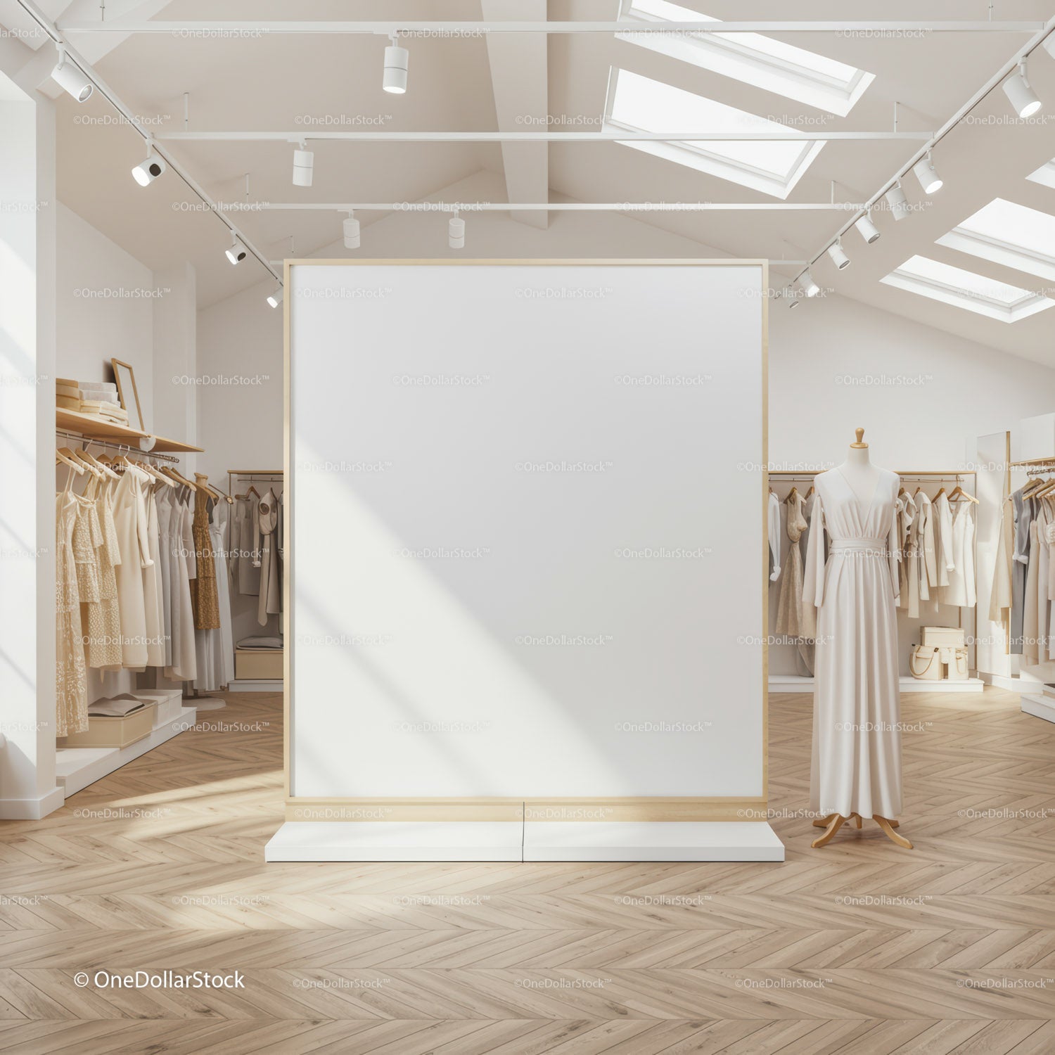 Minimalist fashion boutique interior with elegant dresses