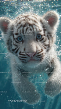 White tiger cub swimming underwater with piercing blue eyes