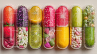 Assorted Fruit Flavored Gummies and Candies in Clear Container