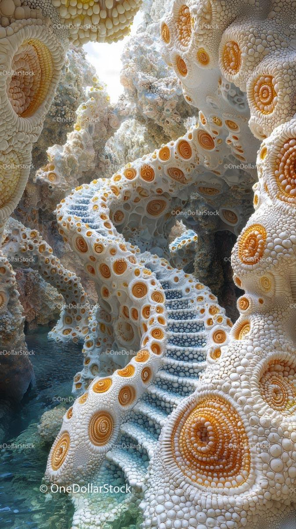 Colorful Coral Reef with Spiral Seashells and Unique Marine Structures