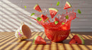 Fresh watermelon slices splashing into vibrant red bowl