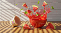 Fresh watermelon slices splashing into vibrant red bowl
