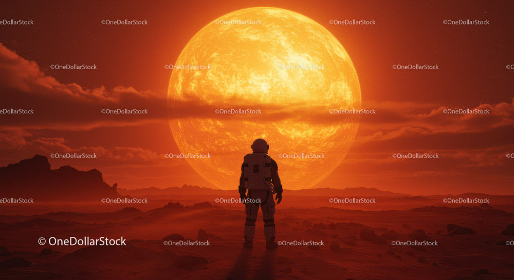 Futurystyczny astronauta badający surrealistyczną czerwoną planetę z ogromnym słońcem