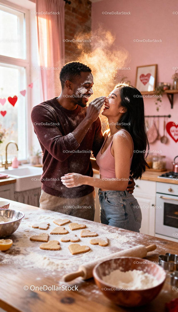Couple playfully baking heart-shaped cookies together