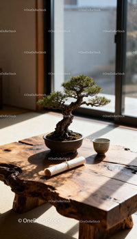 Miniature bonsai tree in serene sunlight on wooden table