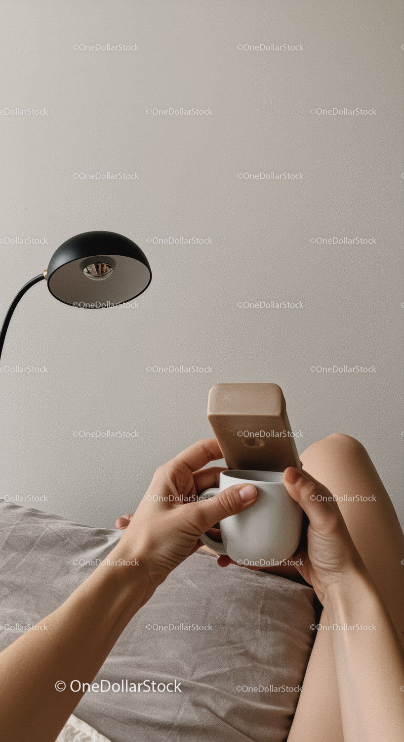 Kobieta relaksująca się w łóżku, korzystająca ze smartfona i kubka kawy w nowoczesnym domu