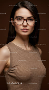 Elegant Woman Wearing Glasses in Studio Portrait with Warm Tones