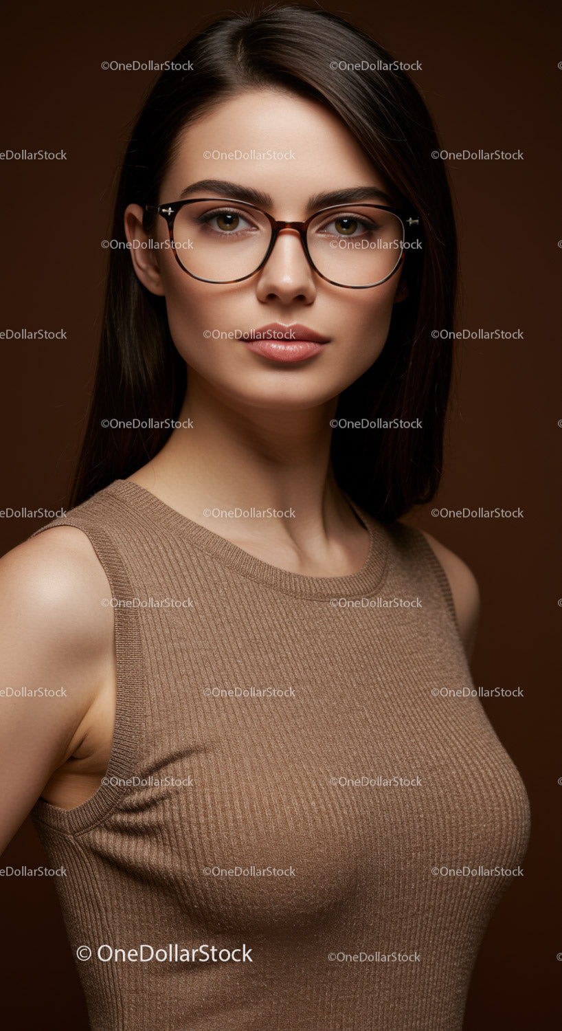 Elegancka kobieta w okularach na portrecie studyjnym w ciepłych tonacjach