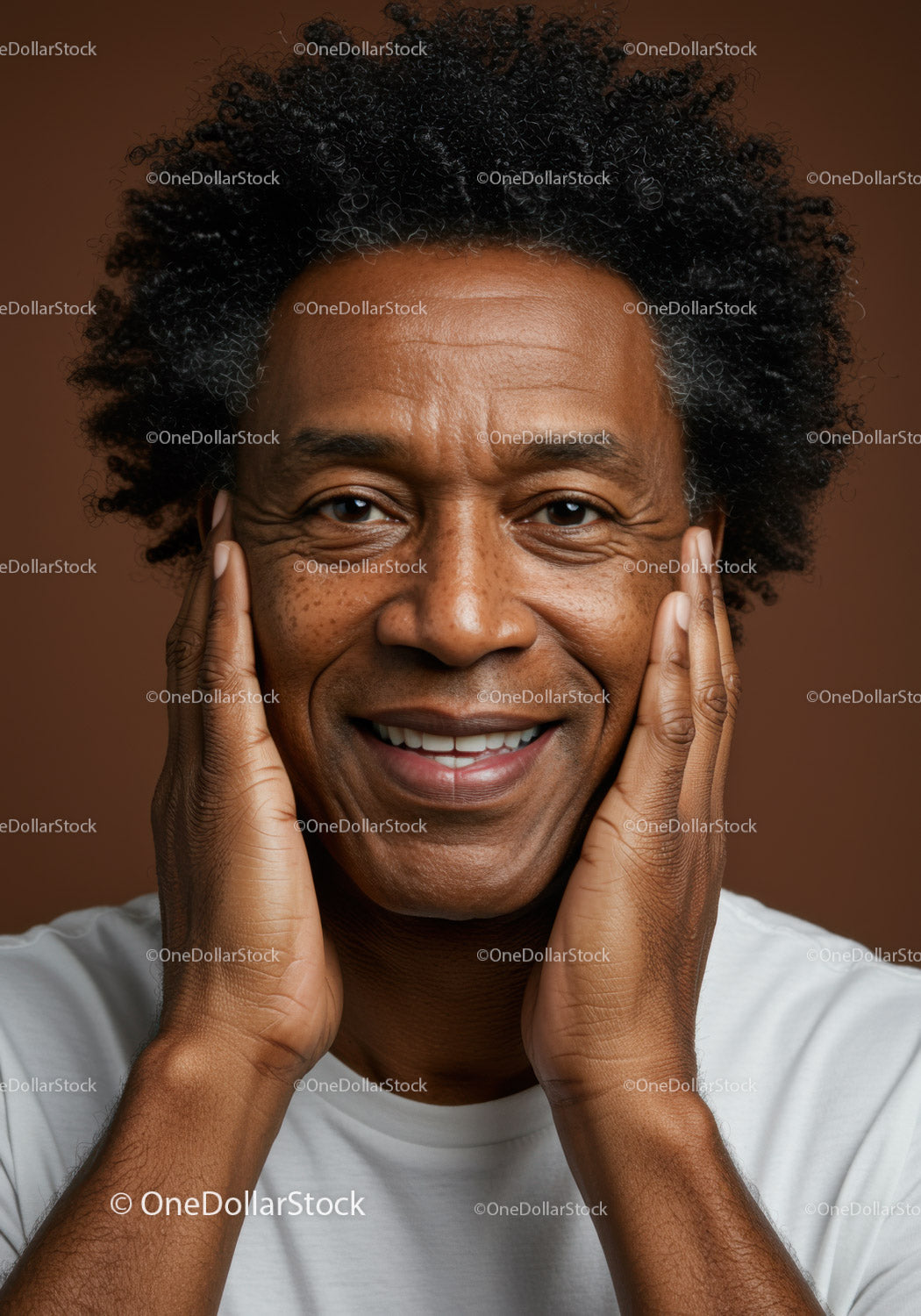 Smiling Mature Man with Curly Hair in Bright Casual Attire