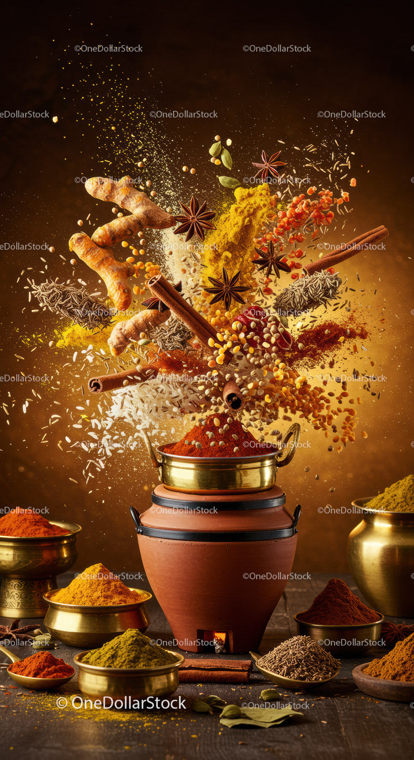 Assorted Indian Spices Exploding Above Traditional Pot
