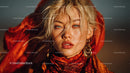 Glamorous Blonde Woman with Blue Eyes Wearing Red Scarf in Studio