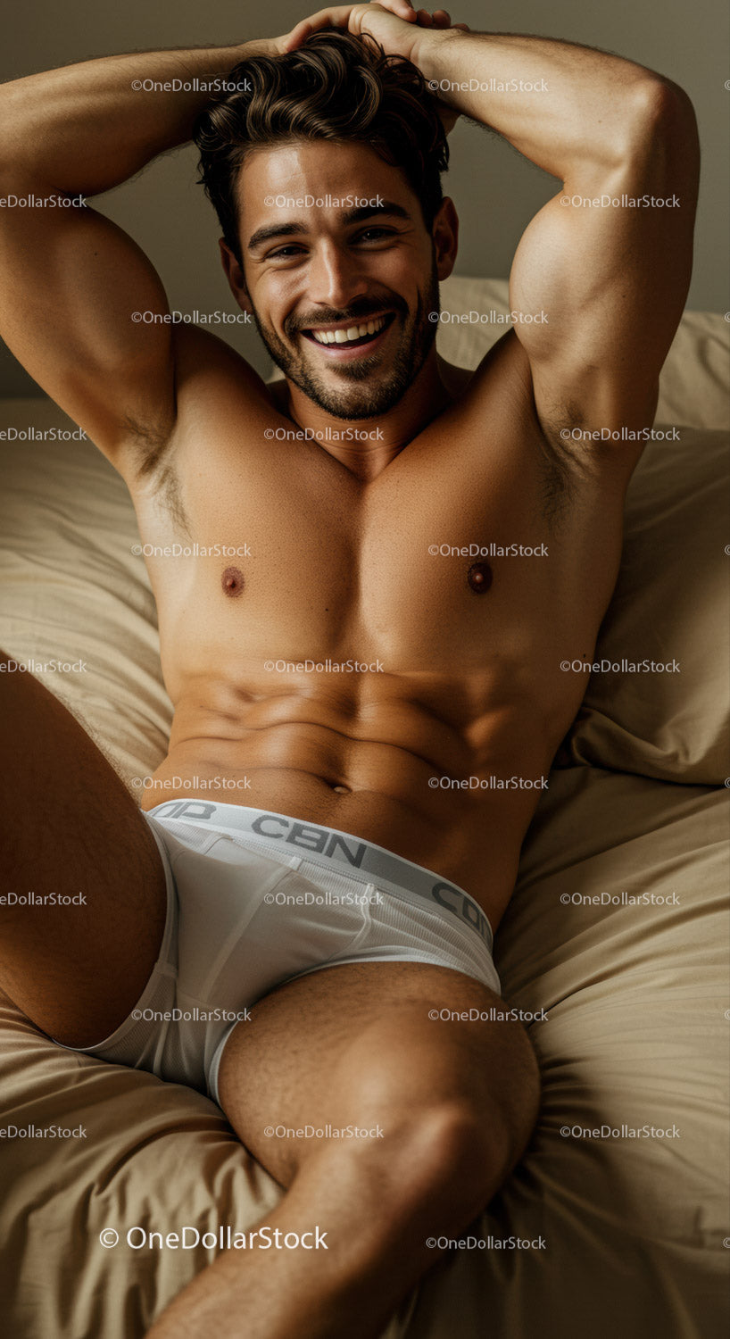 Smiling muscular man relaxing on beige bed in white underwear