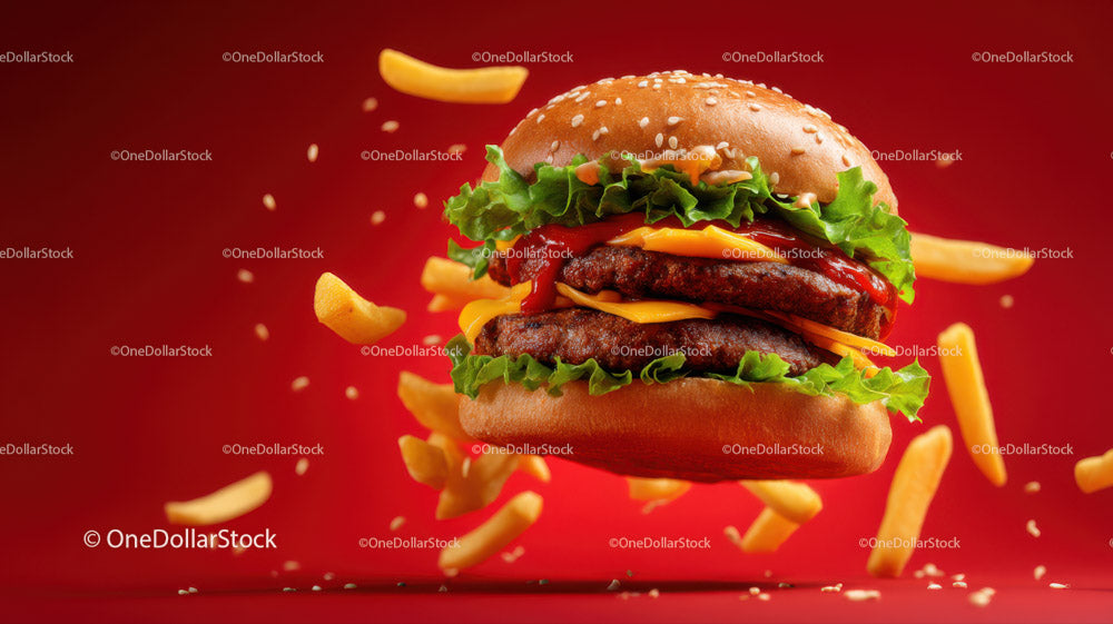 Juicy Cheeseburger with Crispy French Fries on Red Background