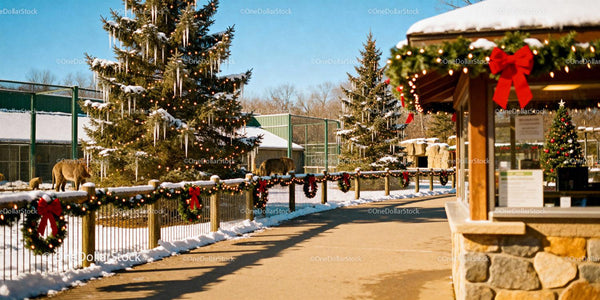 Festive zoo walkway decorated with Christmas wreaths