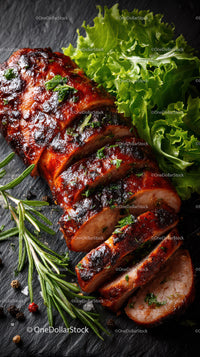 Grilled Beef Ribs with Fresh Green Herbs on Plate
