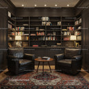 Cozy dark library corner with leather armchairs