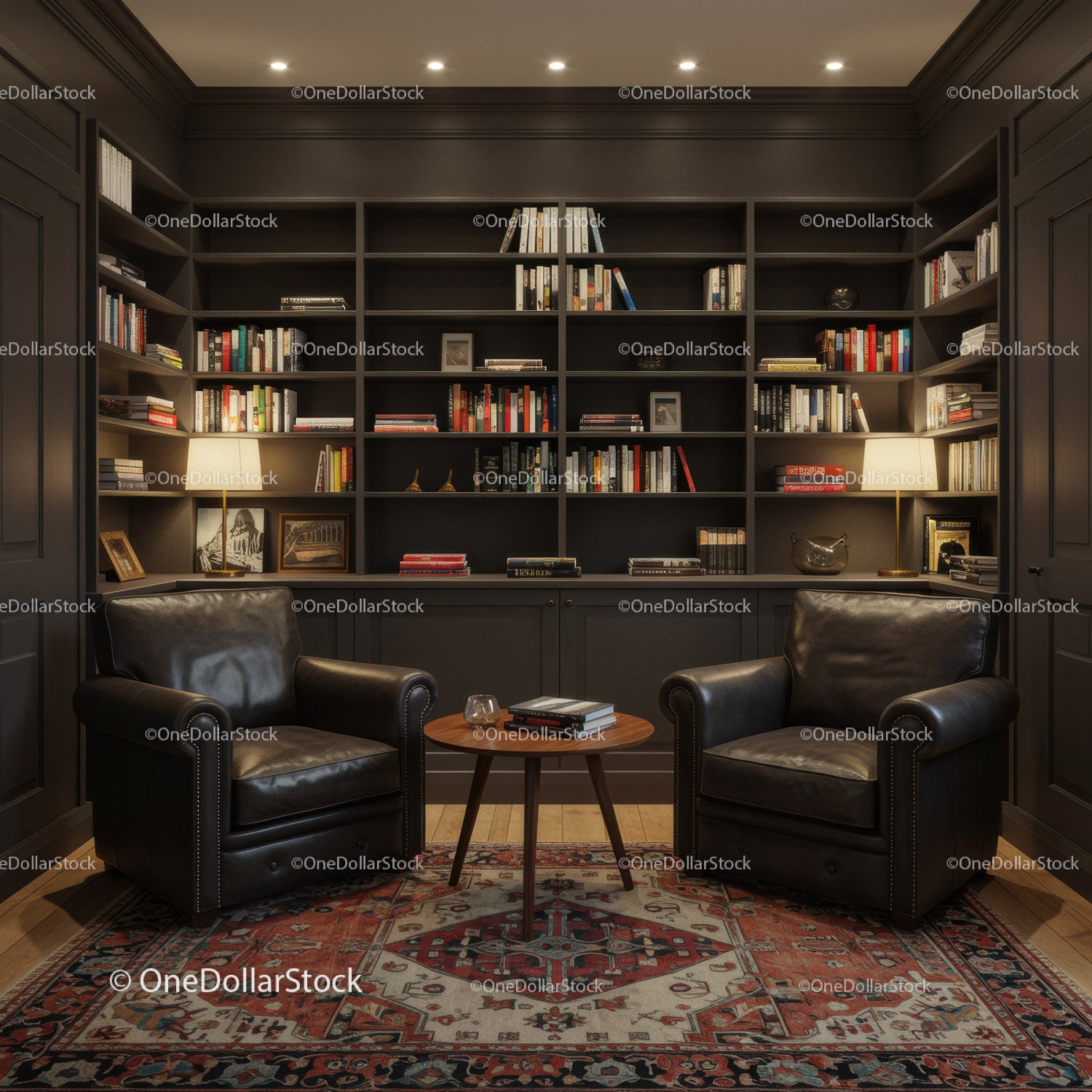 Cozy dark library corner with leather armchairs