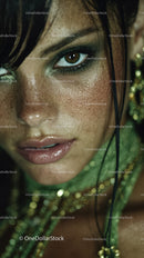 Close-up of a woman with green glitter eye makeup and wet skin