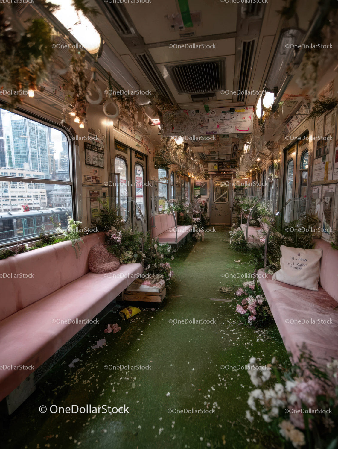 Abandoned Vintage Train Carriage Filled with Flowers and Greenery