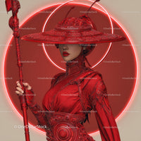 Futuristic Samurai in Neon Red Armor Holding Umbrella