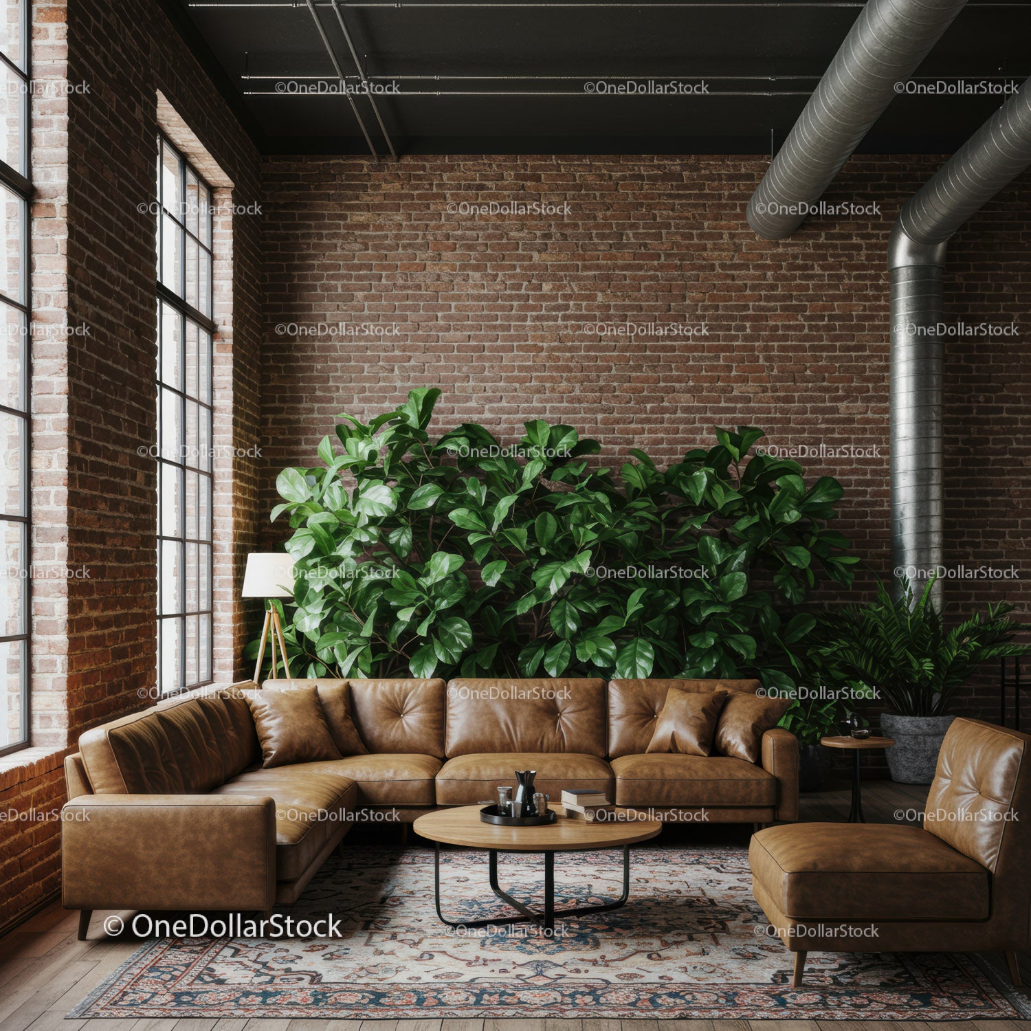 Modern Industrial Living Room with Leather Couch and Green Houseplants