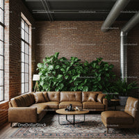 Modern Industrial Living Room with Leather Couch and Green Houseplants