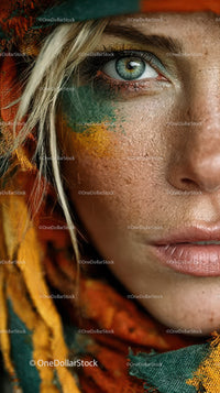 Close-up of Woman with Artistic Face Paint and Vivid Makeup