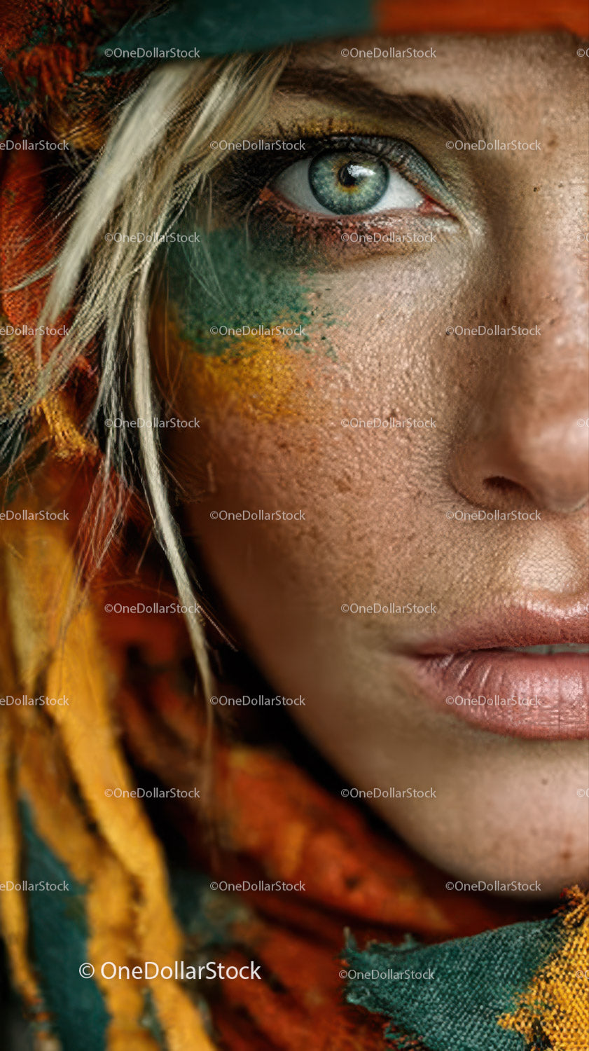Close-up of Woman with Artistic Face Paint and Vivid Makeup
