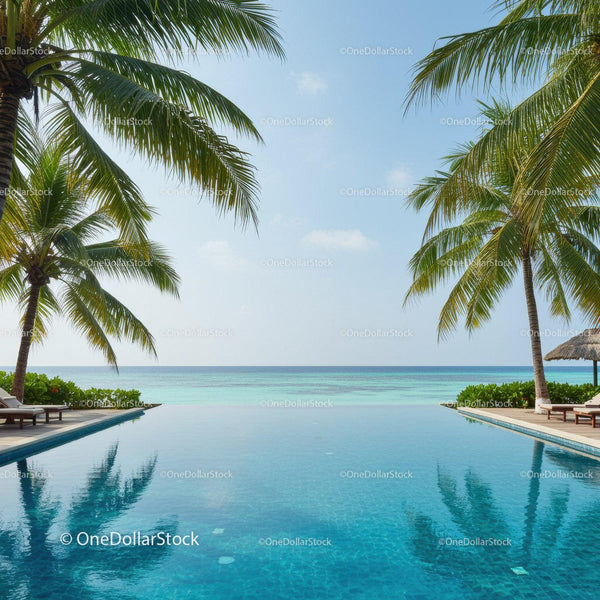 Tropical Beach with Infinity Pool and Palm Trees Ocean View