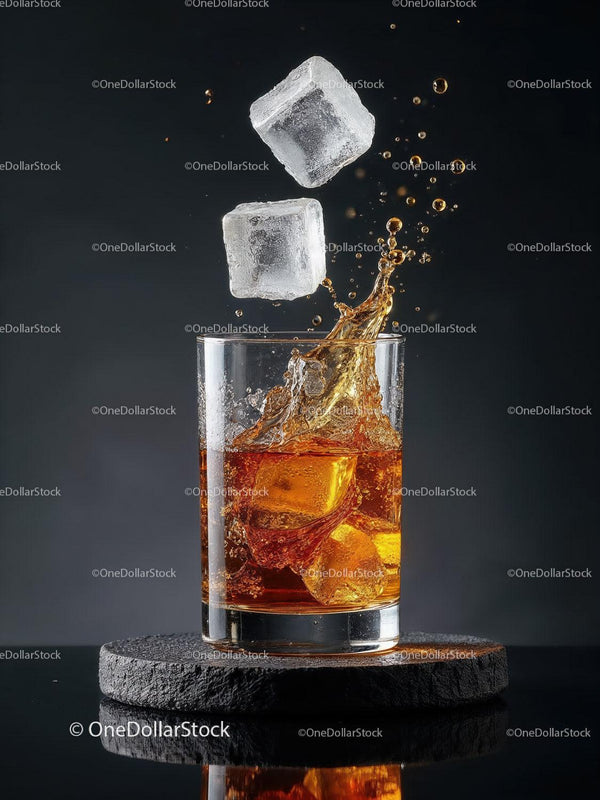 Refreshing whiskey with ice cubes splashing in glass